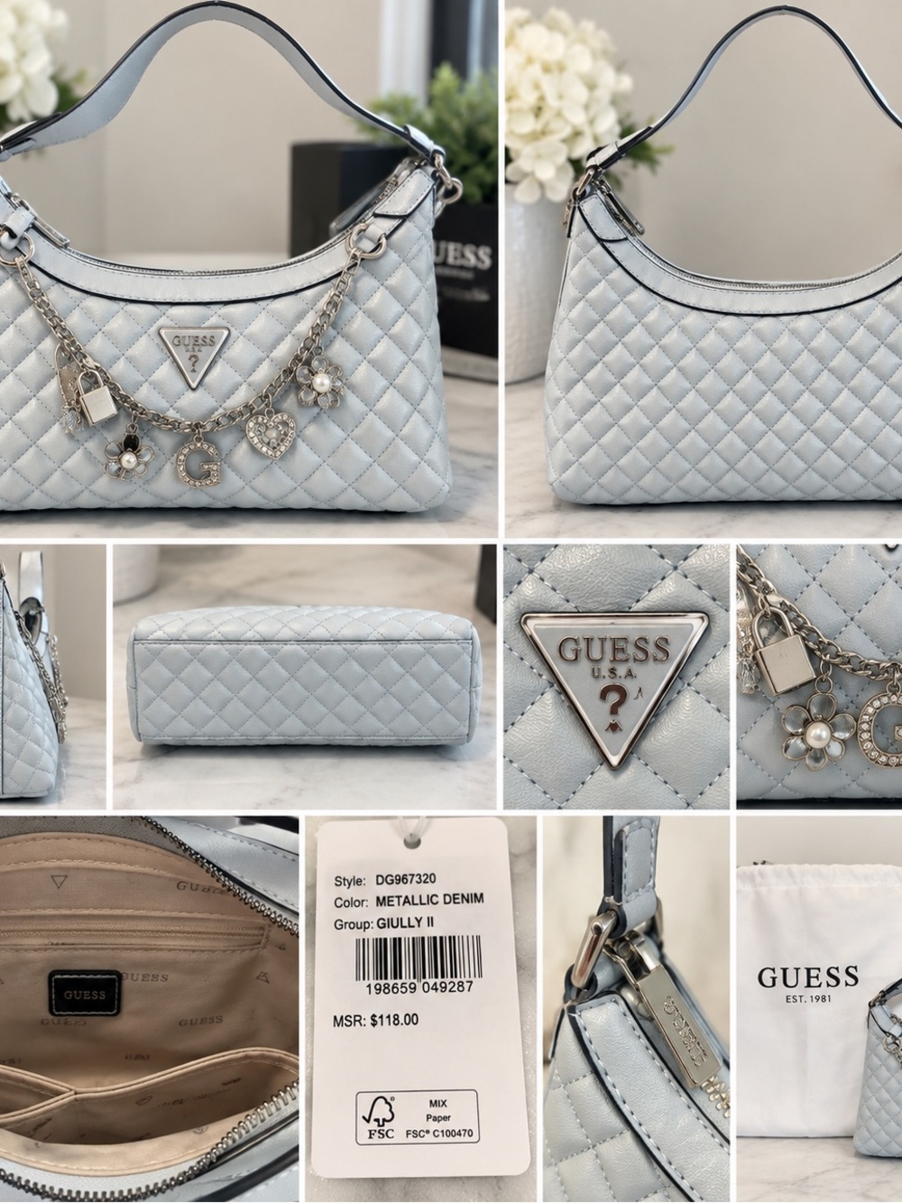GUESS Tinsley Medium Quilted Shoulder Bag Silver w/ Charm Chain - Picture 3 of 3